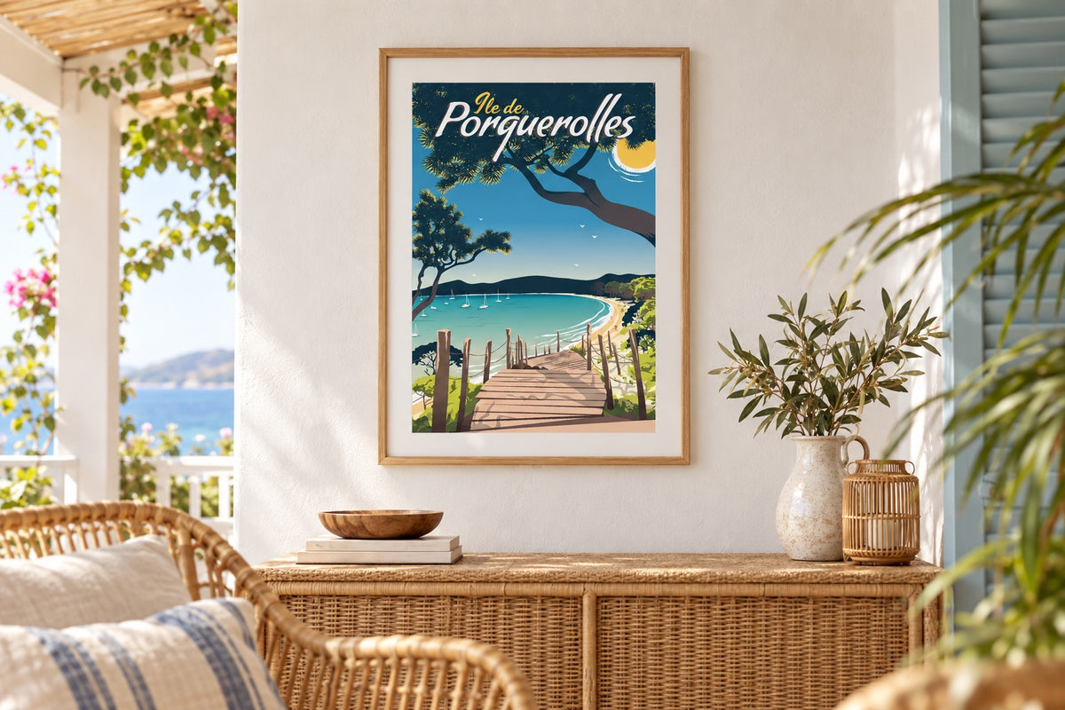 Affiche Porquerolles encadrée au-dessus d'une console en osier dans une véranda d'été