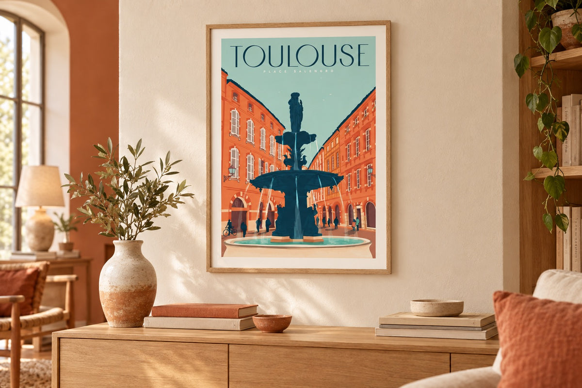 Affiche Toulouse Place Salengro encadrée au-dessus d'un buffet en chêne dans un salon chaleureux