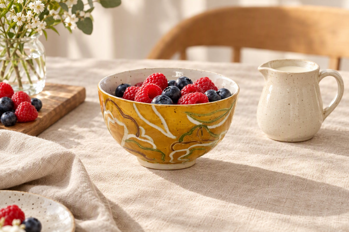 Bol zen orange moutarde en grès rempli de fruits rouges sur une table en lin