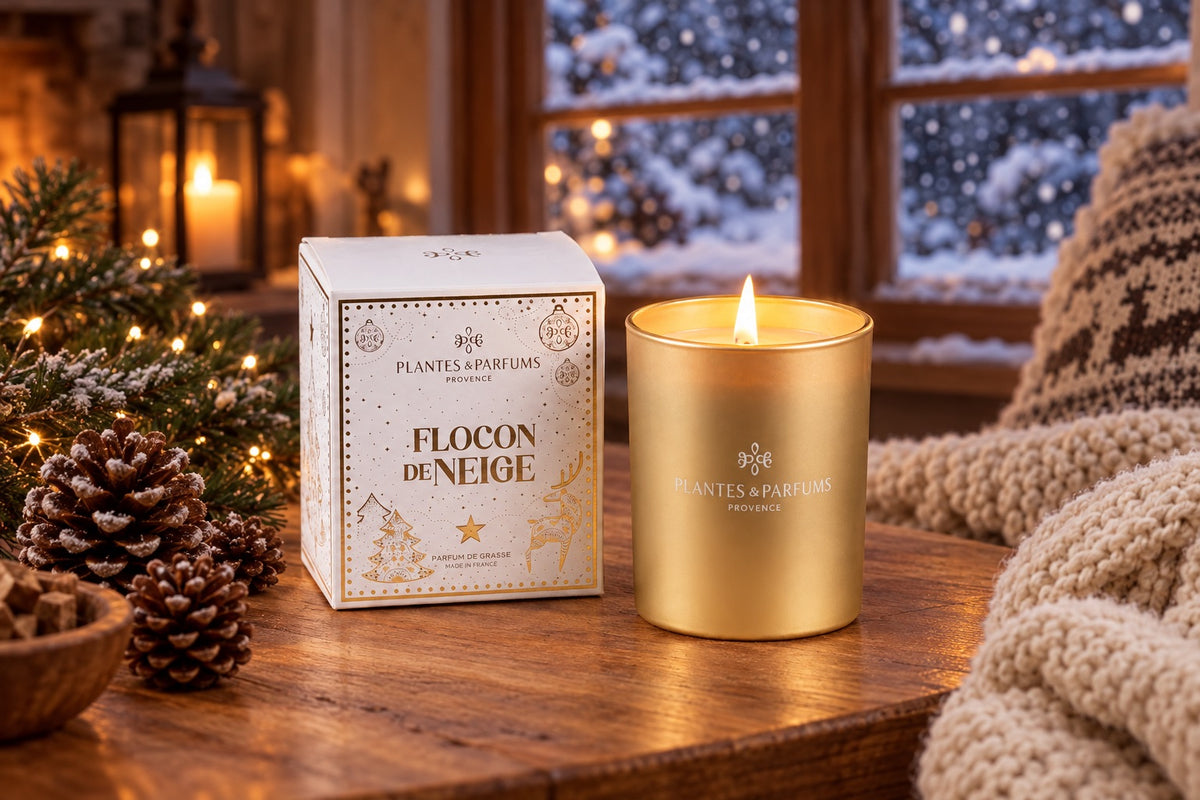 Bougie végétale parfumée Flocon de neige allumée près de son coffret blanc