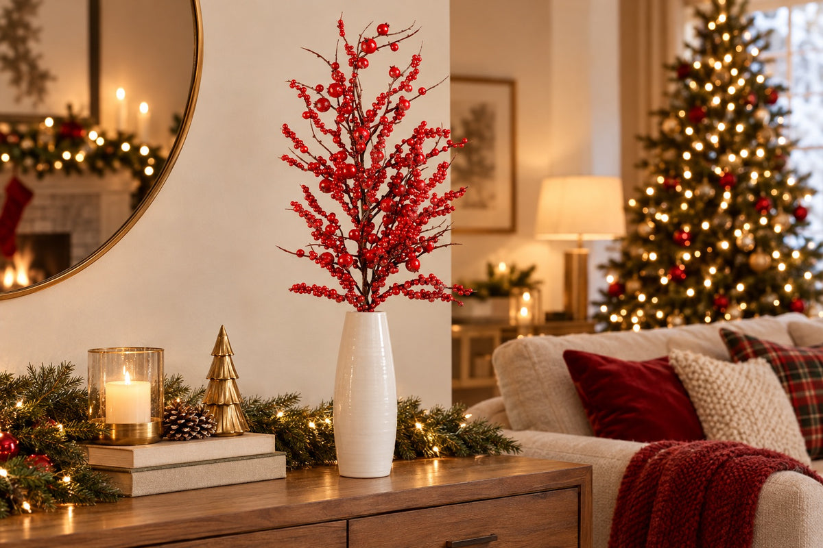 Branchage de baies rouges dans un grand vase sur une console de Noël