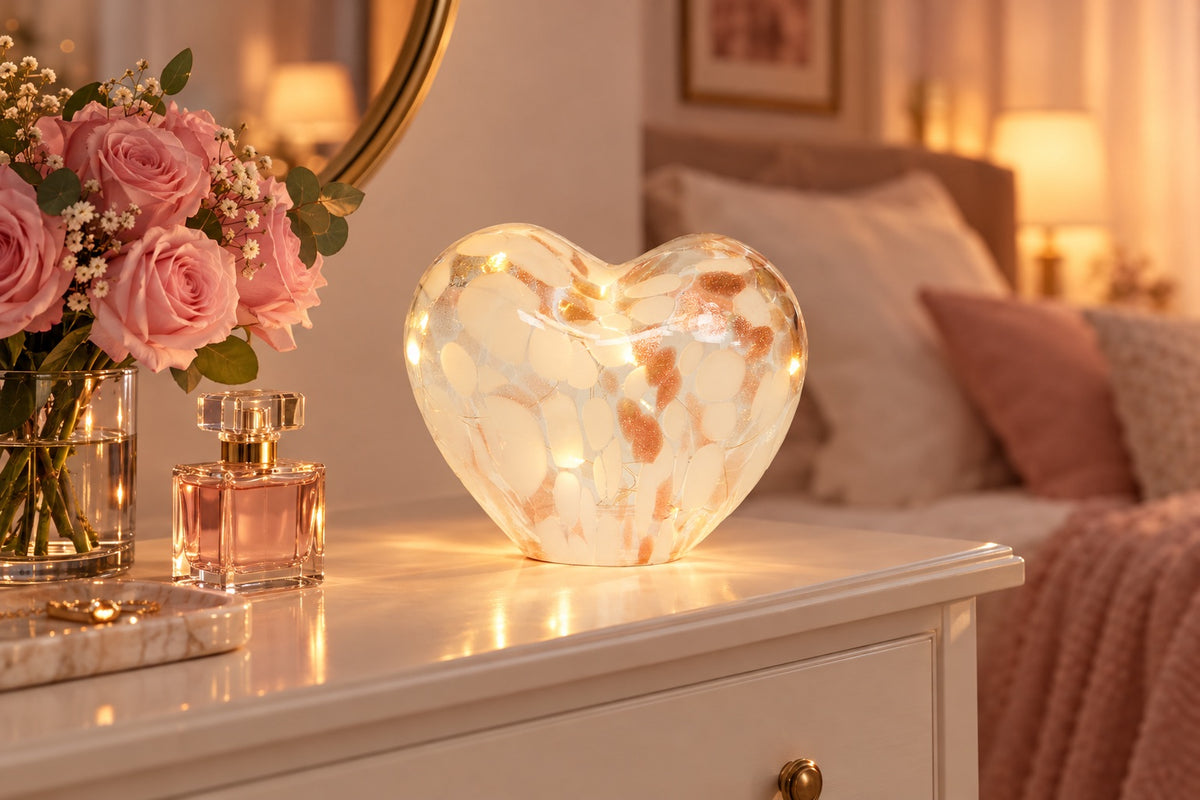 Cœur lumineux LED en verre moucheté rose doré allumé sur une commode