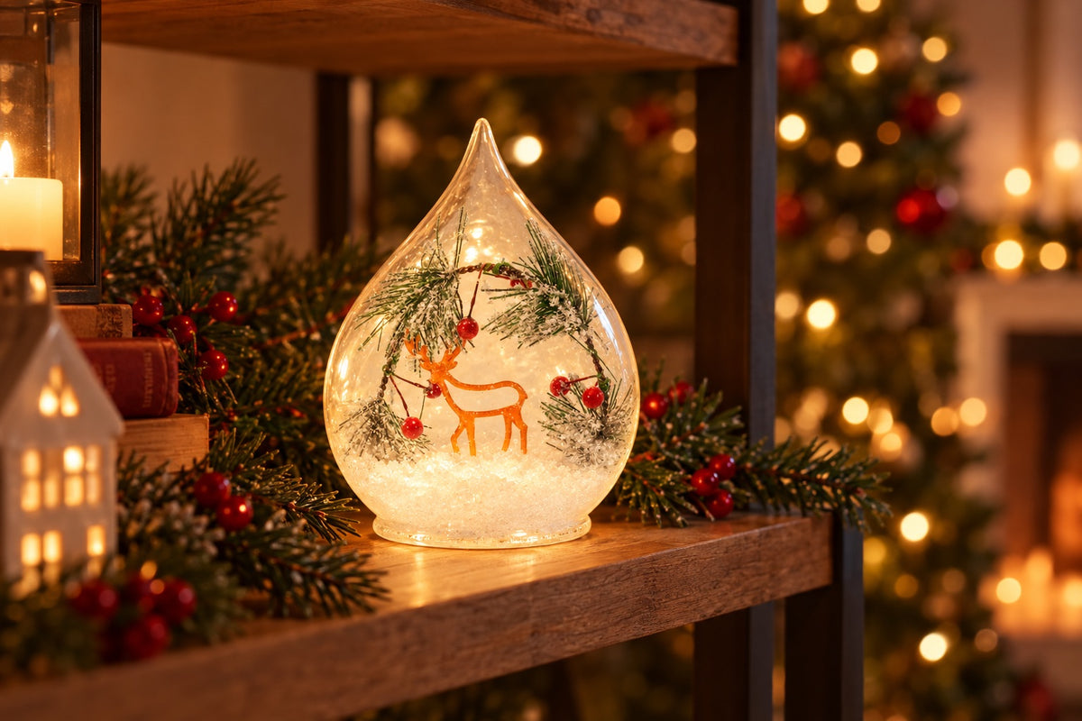Goutte lumineuse LED en verre avec renne allumée sur une étagère de Noël