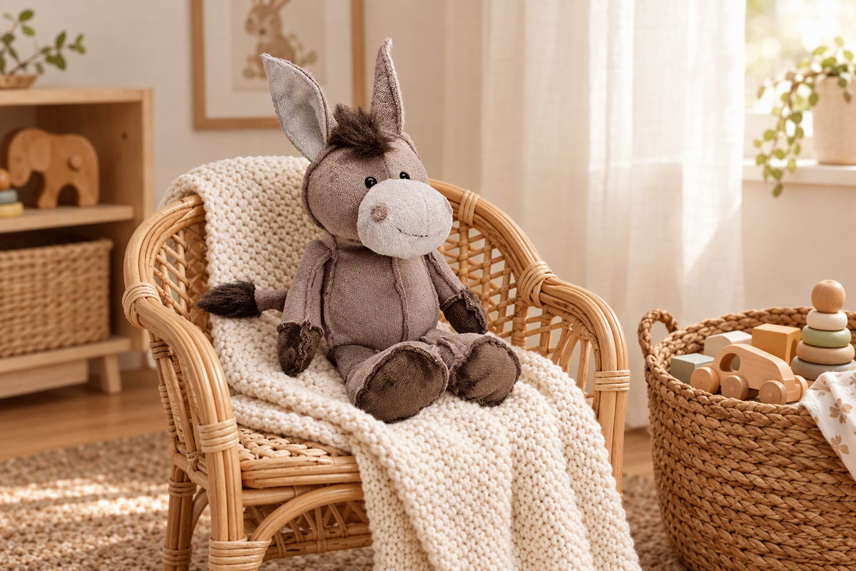 Peluche âne marron assise dans un fauteuil d'enfant en rotin