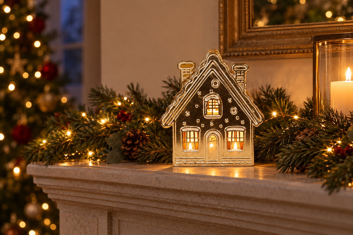 Photophore maison de Noël doré allumé sur une cheminée