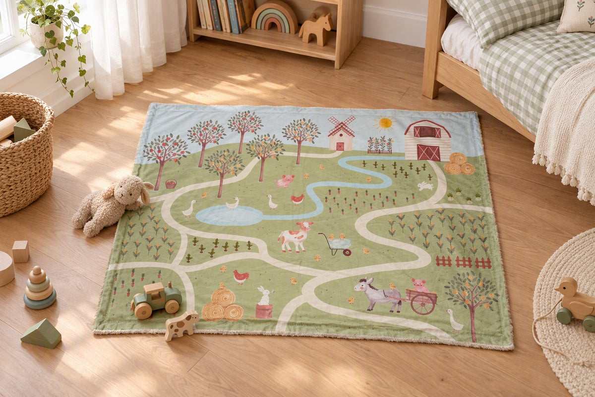 Plaid enfant illustré campagne étalé sur le sol d'une chambre d'enfant