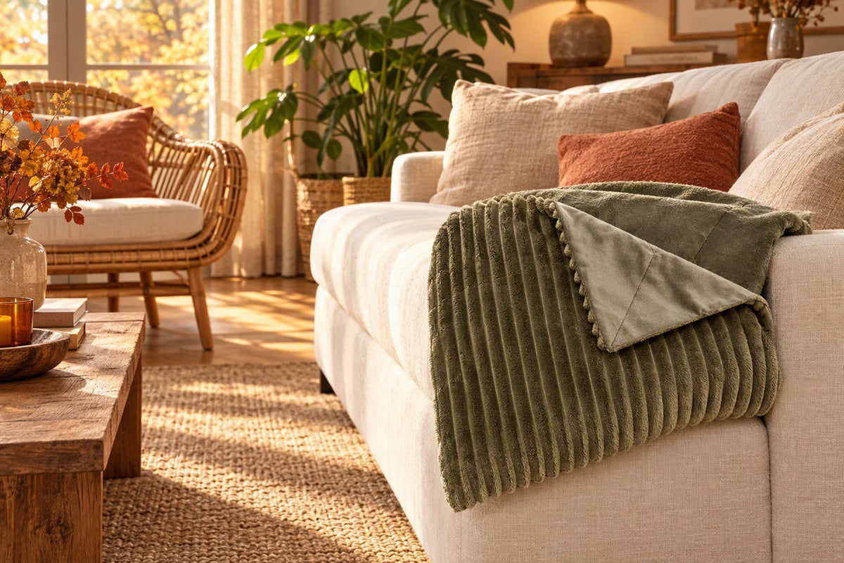 Plaid kaki drapé sur un canapé en lin crème dans un salon cosy en automne