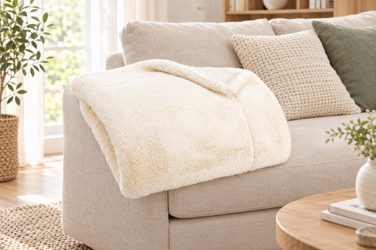 Plaid luxe crème posé sur un canapé dans un salon cosy