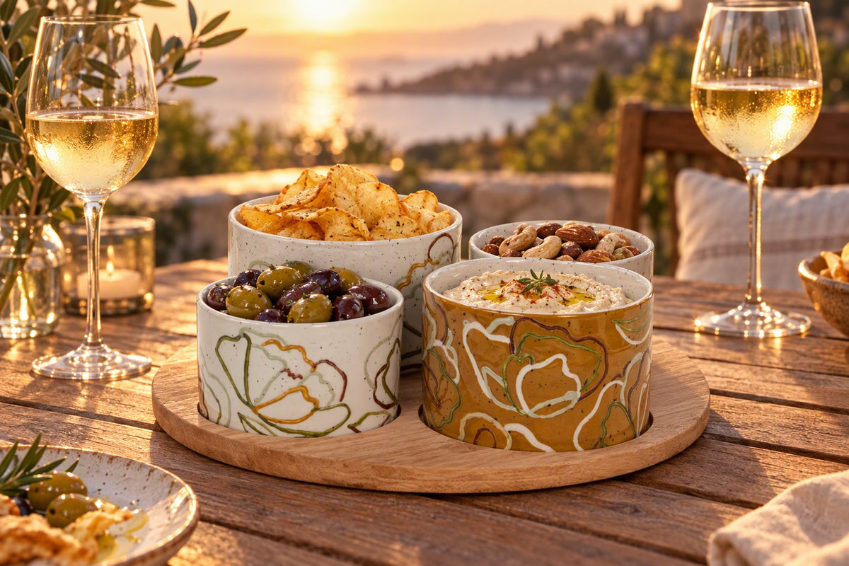 Plat apéro tournant avec 4 bols zen en grès garnis d'olives et de chips sur une table de jardin