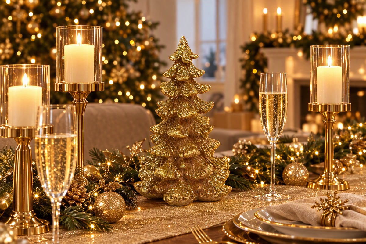 Sapin décoratif pailleté or sur une table de réveillon avec bougies et photophores