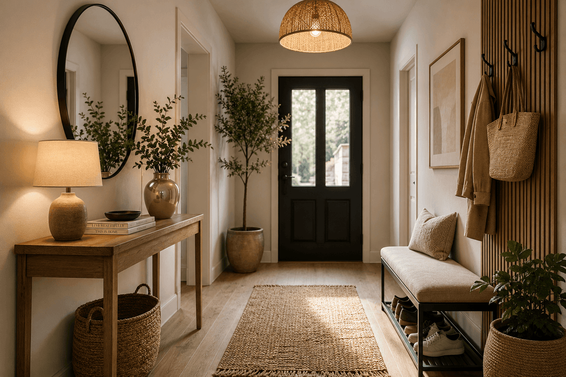 Entrée de maison avec console en bois, miroir et suspension d'ambiance