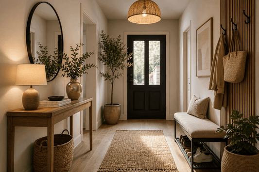 Entrée de maison avec console en bois, miroir et suspension d'ambiance