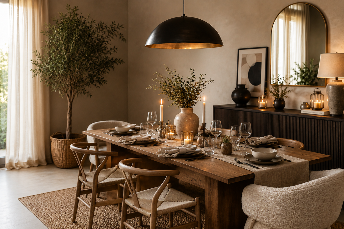 Salle à manger avec table en bois, chaises en rotin et suspensions lumineuses
