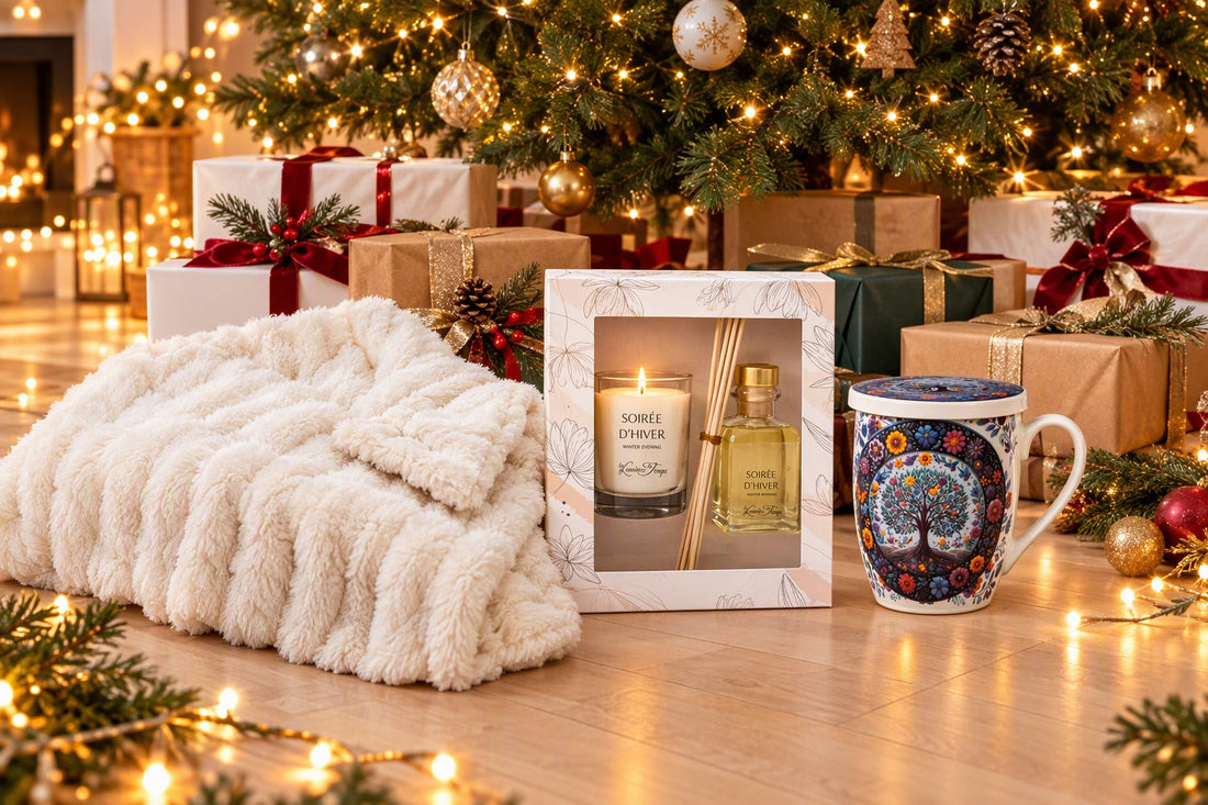 Cadeaux de Noël emballés au pied du sapin avec un plaid nuage crème, un coffret bougie et diffuseur et un mug tisanière déballés