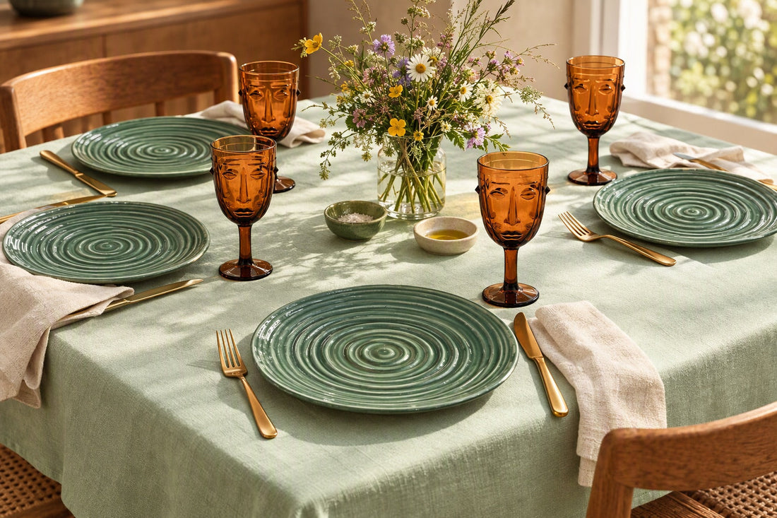 Table dressée avec nappe vert d'eau, assiettes spirale vert matcha, verres à pied ambre à visage, couverts dorés et bouquet de fleurs des champs