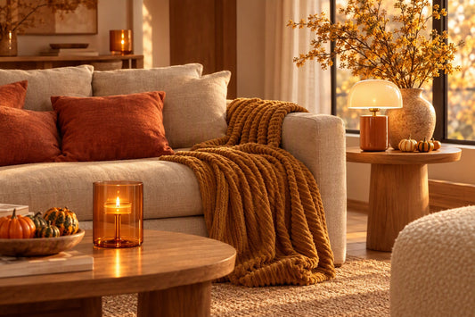 Salon cocooning en automne avec plaid camel sur un canapé en lin, coussins terracotta, photophore ambré, lampe champignon et branchages moutarde
