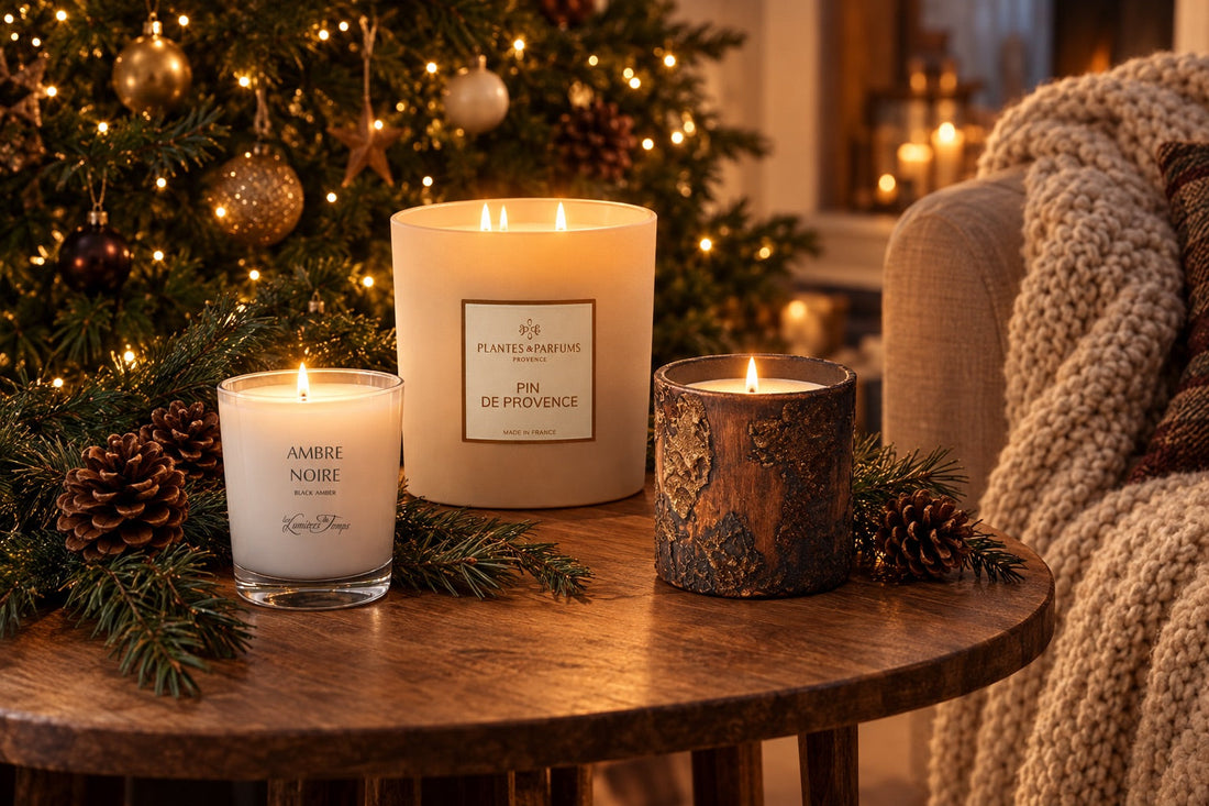 Bougies de Noël parfumées allumées près d'un sapin décoré avec pommes de pin et plaid