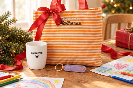 Cadeaux de Noël pour la maîtresse : tote bag Maîtresse, tasse et porte-clés avec un nœud rouge
