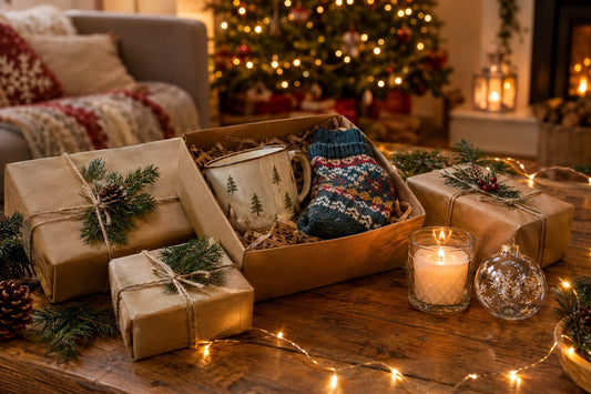 Petits cadeaux de Noël emballés en papier kraft avec un mug, des chaussettes et une bougie sur une table