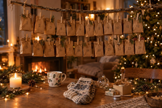 Calendrier de l'Avent fait maison avec sachets kraft numérotés, bougie et tasse de Noël sur une table