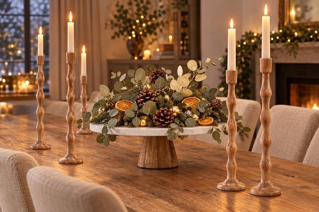 Centre de table de Noël fait maison sur plateau en marbre avec eucalyptus, pommes de pin et oranges séchées, entouré de grands bougeoirs en bois