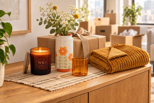 émaillère : bougie, vase vintage, bougeoir ambre et plaid camel posés sur une console