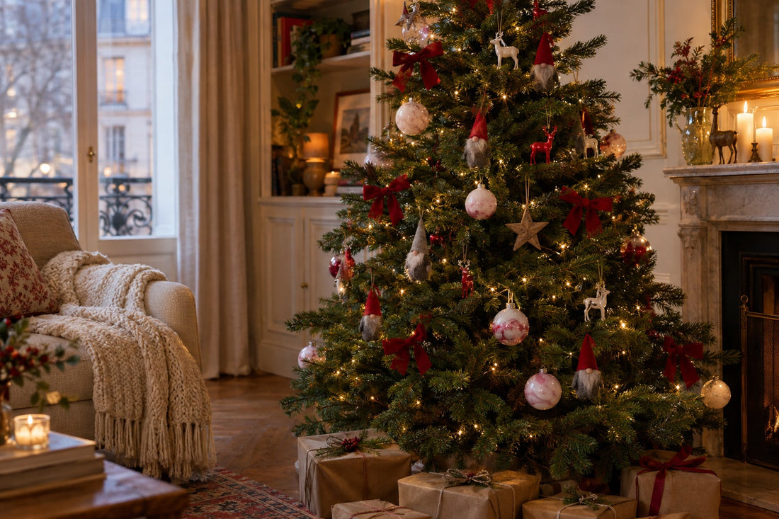 Sapin de Noël décoré de nœuds rouges, de gnomes, de cerfs et de boules en verre rose dans un salon chaleureux