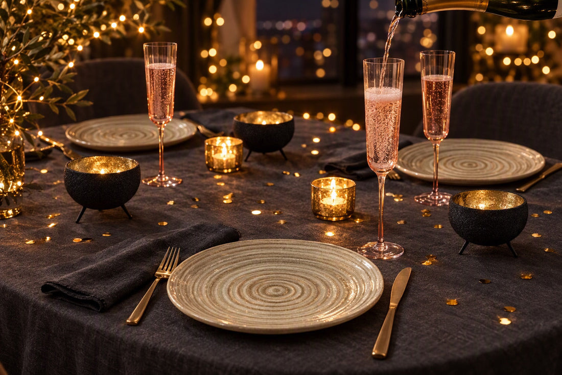 Déco de table du Nouvel An avec nappe gris foncé, flûtes à champagne rosées et photophores dorés