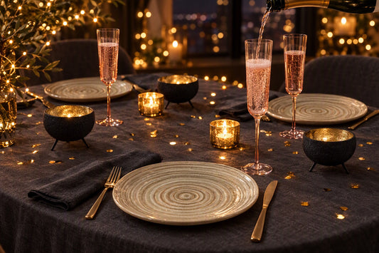 Déco de table du Nouvel An avec nappe gris foncé, flûtes à champagne rosées et photophores dorés