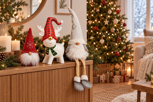 Grand gnome de Noël blanc et gris assis sur une console à côté d'un renne en céramique et d'un sapin décoré