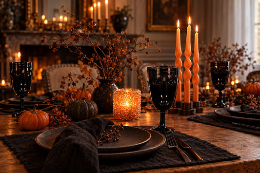 Table d'Halloween chic avec verres noirs à visage, bougies orange et mini-potirons