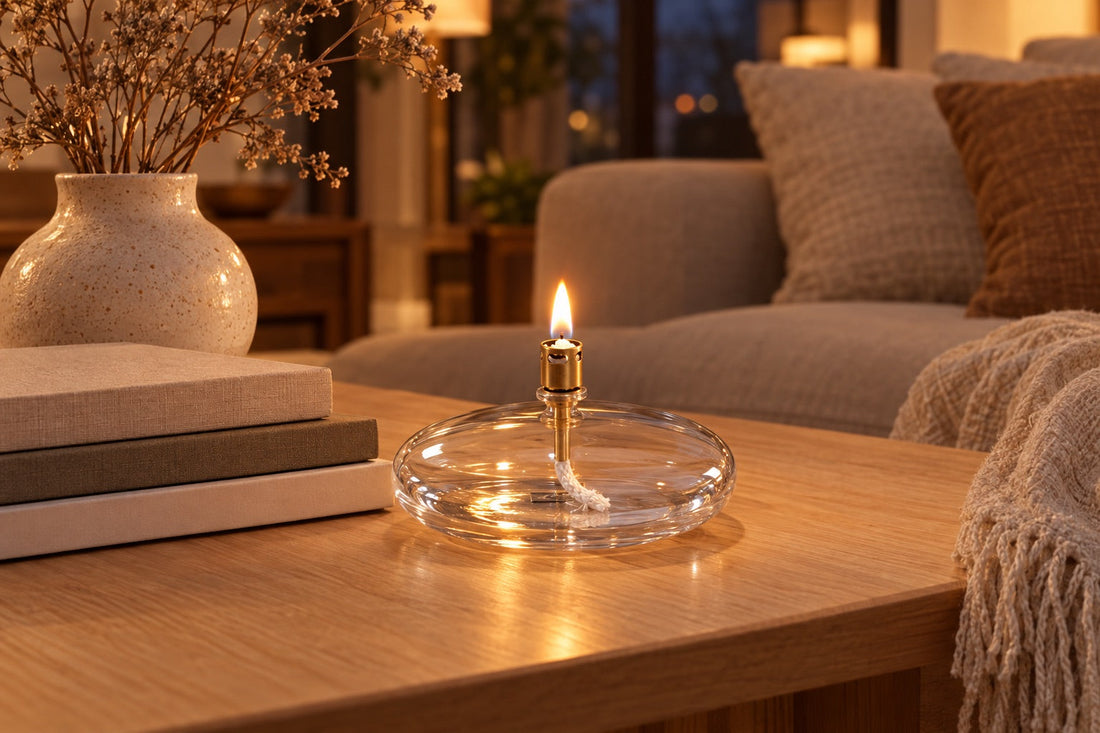 Lampe à huile en verre allumée sur une table basse en bois dans un salon chaleureux
