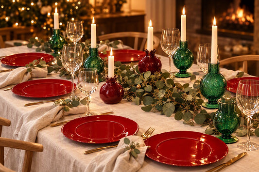 Table de Noël dressée avec nappe en lin, assiettes rouges, bougeoirs grenade rouge grenat et bougeoirs en verre émeraude, chemin d'eucalyptus et bougies allumées