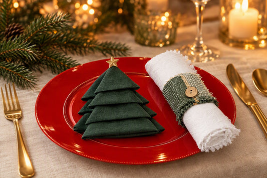 Serviette verte pliée en forme de sapin de Noël sur une assiette rouge, à côté d'une serviette blanche dans un rond de serviette en fibres naturelles