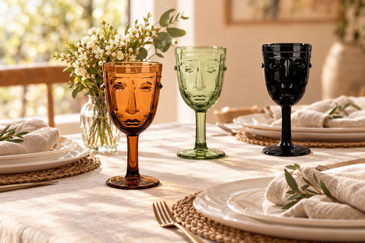 à pied visage ambre, vert et noir sur une table dressée avec assiettes blanches et lin naturel