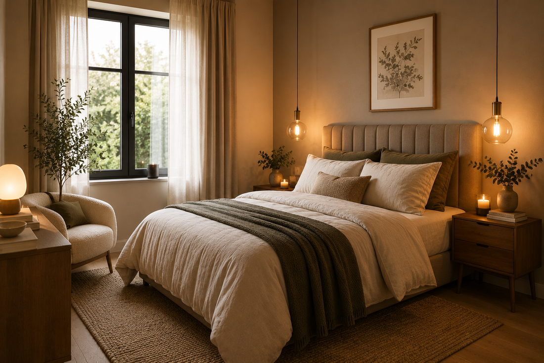 Chambre adulte cosy avec linge de lit beige et lampes de chevet chaleureuses