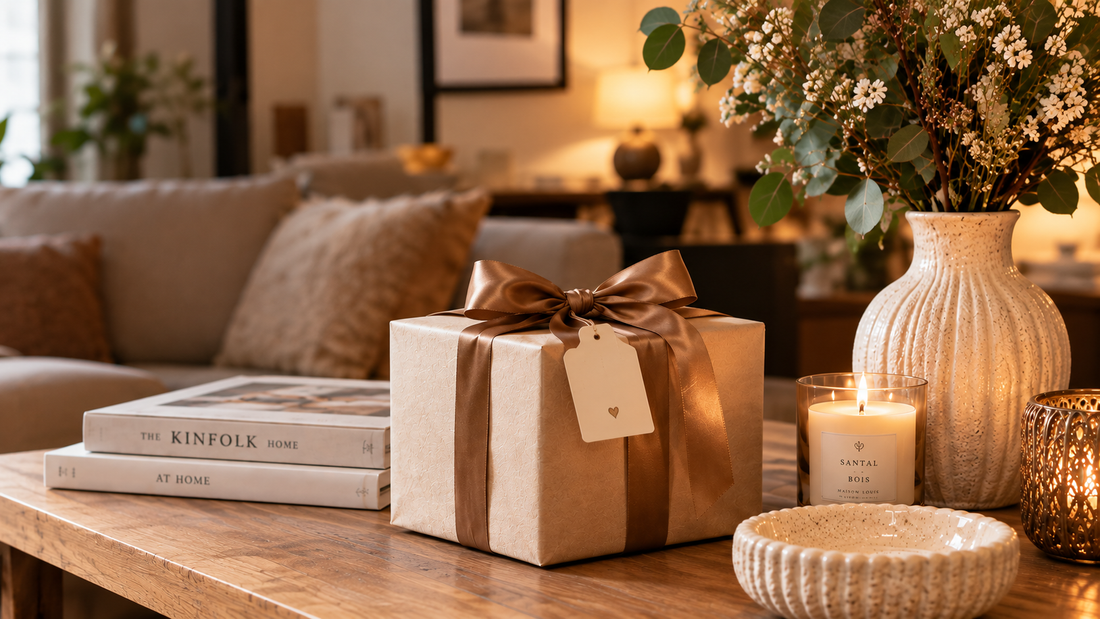 Cadeaux déco emballés présentés avec bougies et vase décoratif
