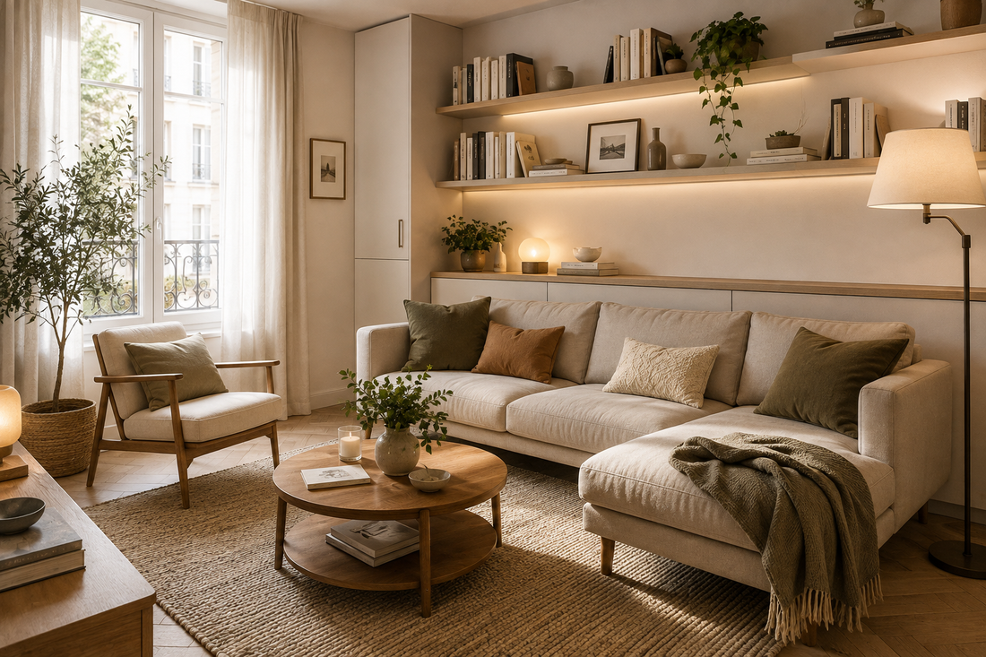 Petit salon cosy aménagé avec étagères murales et éclairage chaleureux