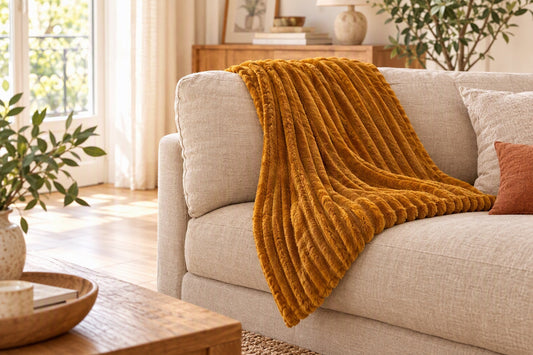 Plaid camel drapé en diagonale sur le dossier d'un canapé en lin beige dans un salon lumineux