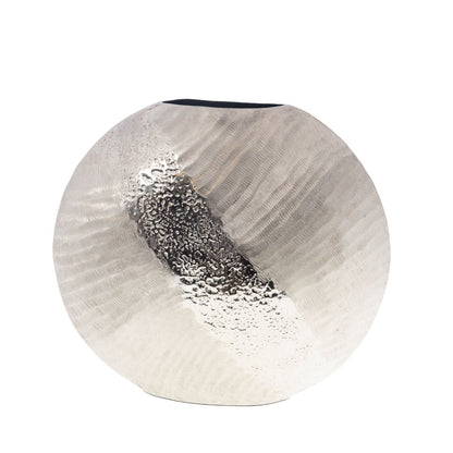 Vase rond argenté en aluminium martelé de 35 cm