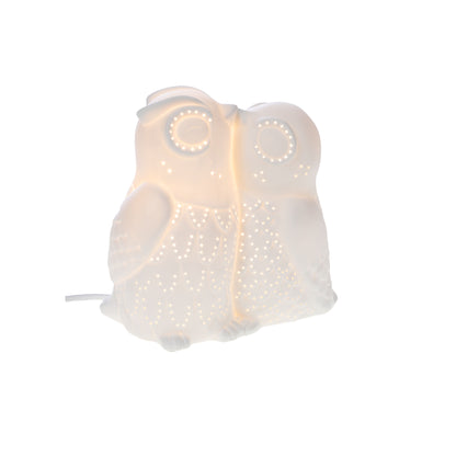 Lampe veilleuse couple de chouettes en porcelaine - Blanc