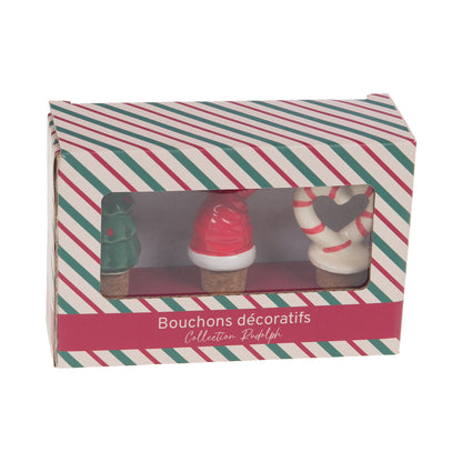 Coffret 3 bouchons de Noël en céramique - Vert, rouge et blanc