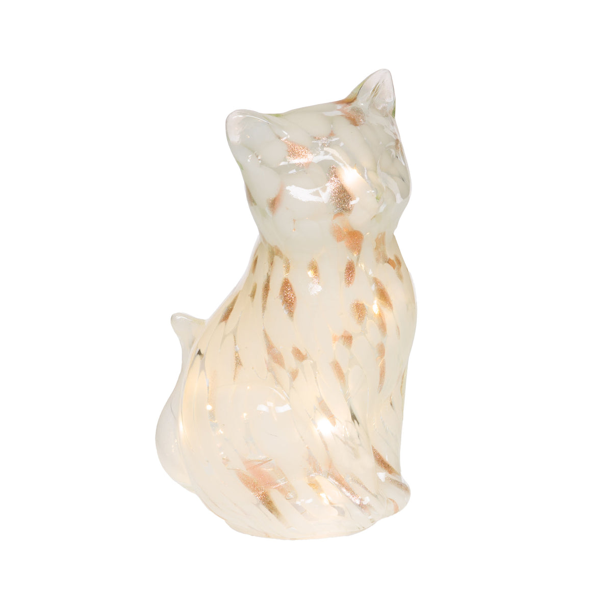 Chat lumineux LED en verre moucheté - Blanc et rose doré