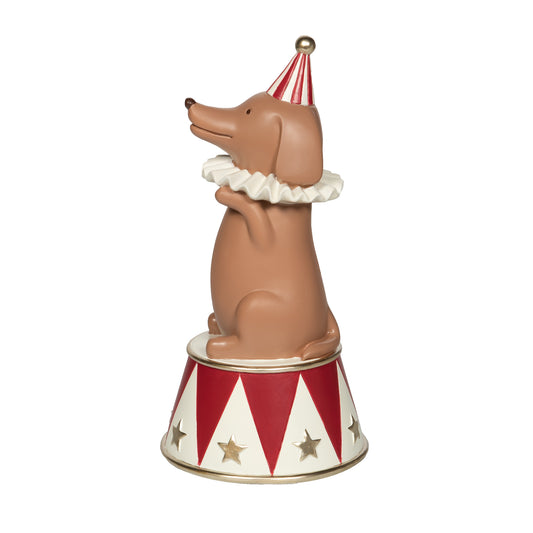 Tirelire chien de cirque - Marron et rouge bordeaux