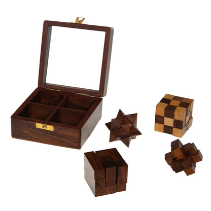 Boîte 4 jeux casse-tête en bois - Marron