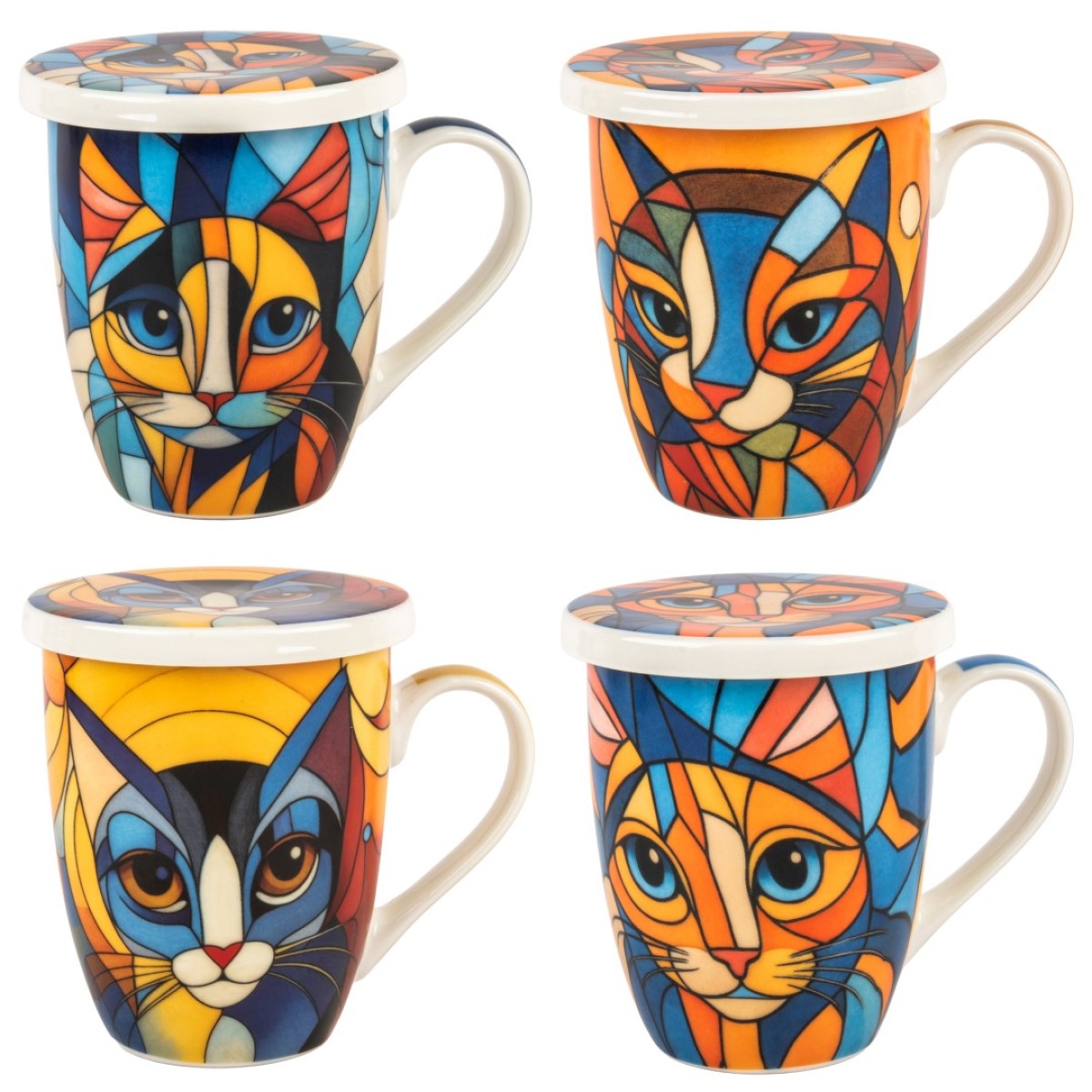 Mug tisanière Chat abstrait - Bleu et orange