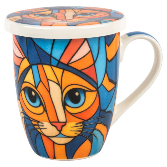 Mug tisanière Chat abstrait - Bleu et orange