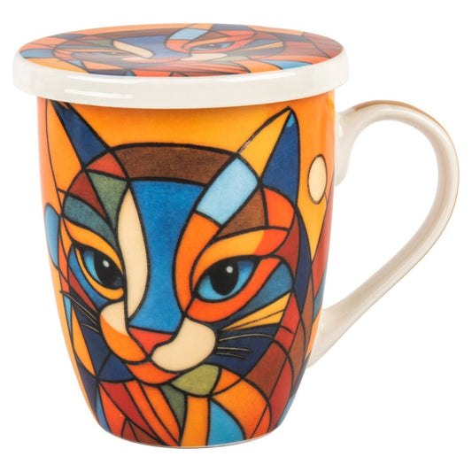Mug tisanière Chat abstrait - Orange et bleu