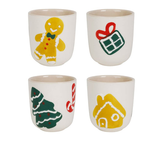 Coffret 4 tasses de Noël en grès - Écru, jaune et vert