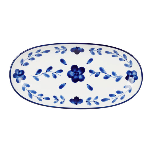 Plat ovale en grès indigo et blanc